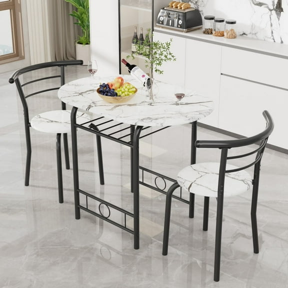 Vineego 3 Pieces Dining Set for 2 Small Kitchen Breakfast Table Set Space Saving Wooden Chairs and Table Set,Dark White