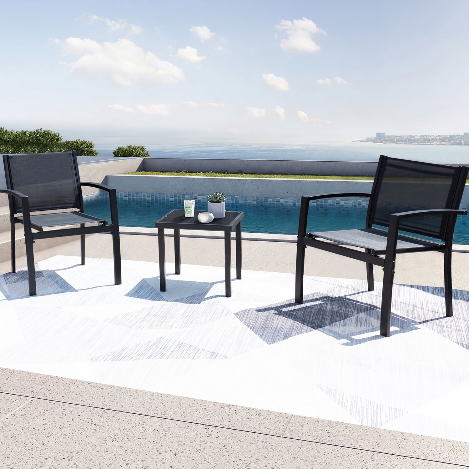 Devoko 3 Pieces Modern Outdoor Conversation  Patio  Furniture Sets Textilene Bistro, with Glassed Table Steel Frame, Black