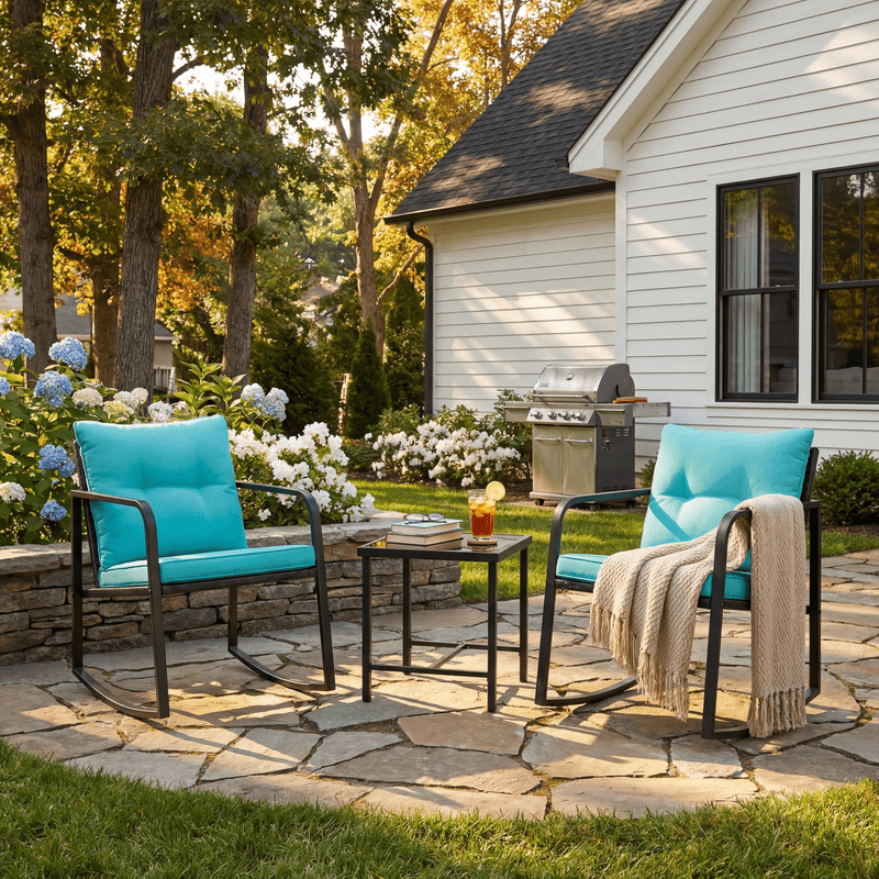 Vineego 3 Pieces Patio Conversation Sets Outdoor Rocking Chair PE Rattan Bistro Rocker with Coffee Table, Blue
