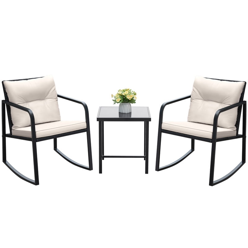 Vineego 3 Pieces Patio Conversation Sets Outdoor Rocking Chair PE Rattan Bistro Rocker with Coffee Table, White