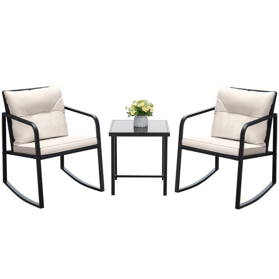 Vineego 3 Pieces Patio Conversation Sets Outdoor Rocking Chair PE Rattan Bistro Rocker with Coffee Table, White