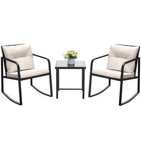 Vineego 3 Pieces Patio Conversation Sets Outdoor Rocking Chair PE Rattan Bistro Rocker with Coffee Table, White