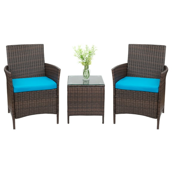 Vineego 3 Pieces Patio Furniture PE Rattan Wicker Conversation Set Bar Set with Cushions (Brown/Blue)