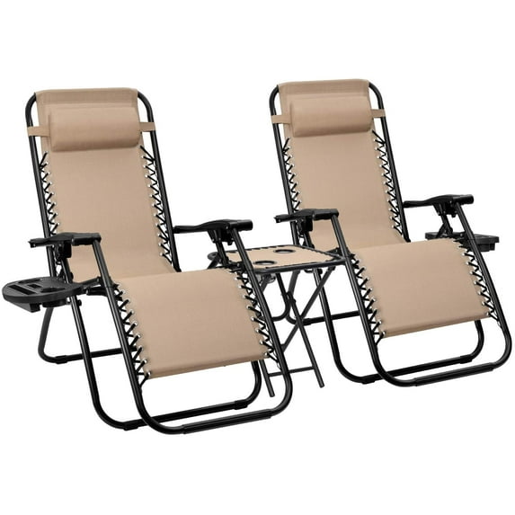 Vineego 3 Pieces Zero Gravity Chair Patio Foldable Chaise Lounge Chairs 2 Beach Chairs and Table with Cup Holders,Beige