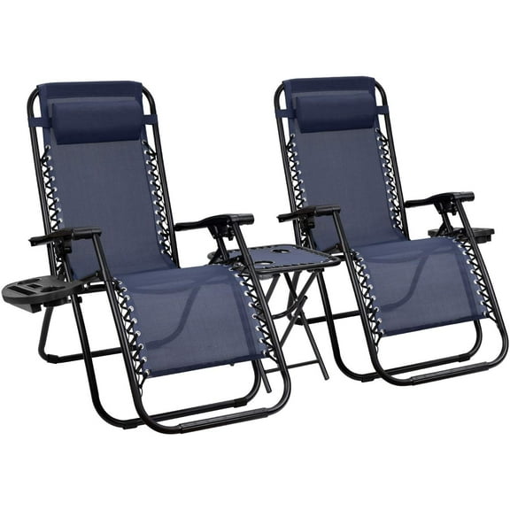 Vineego 3 Pieces Zero Gravity Chair Patio Foldable Chaise Lounge Chairs 2 Beach Chairs and Table with Cup Holders,Blue