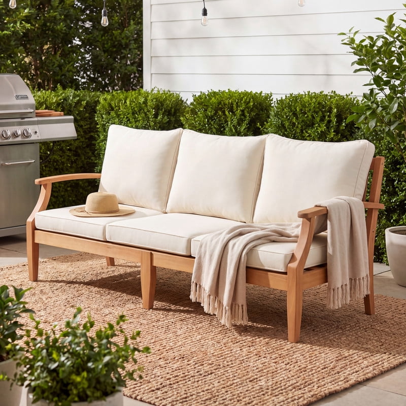 Vineego 3-Seater Patio Conversation Sofa, Eucalyptus Wood Outdoor Sectional Sofa with 4" Thick Cushions, Patio Furniture for Backyard, Deck, Balcony & Porch