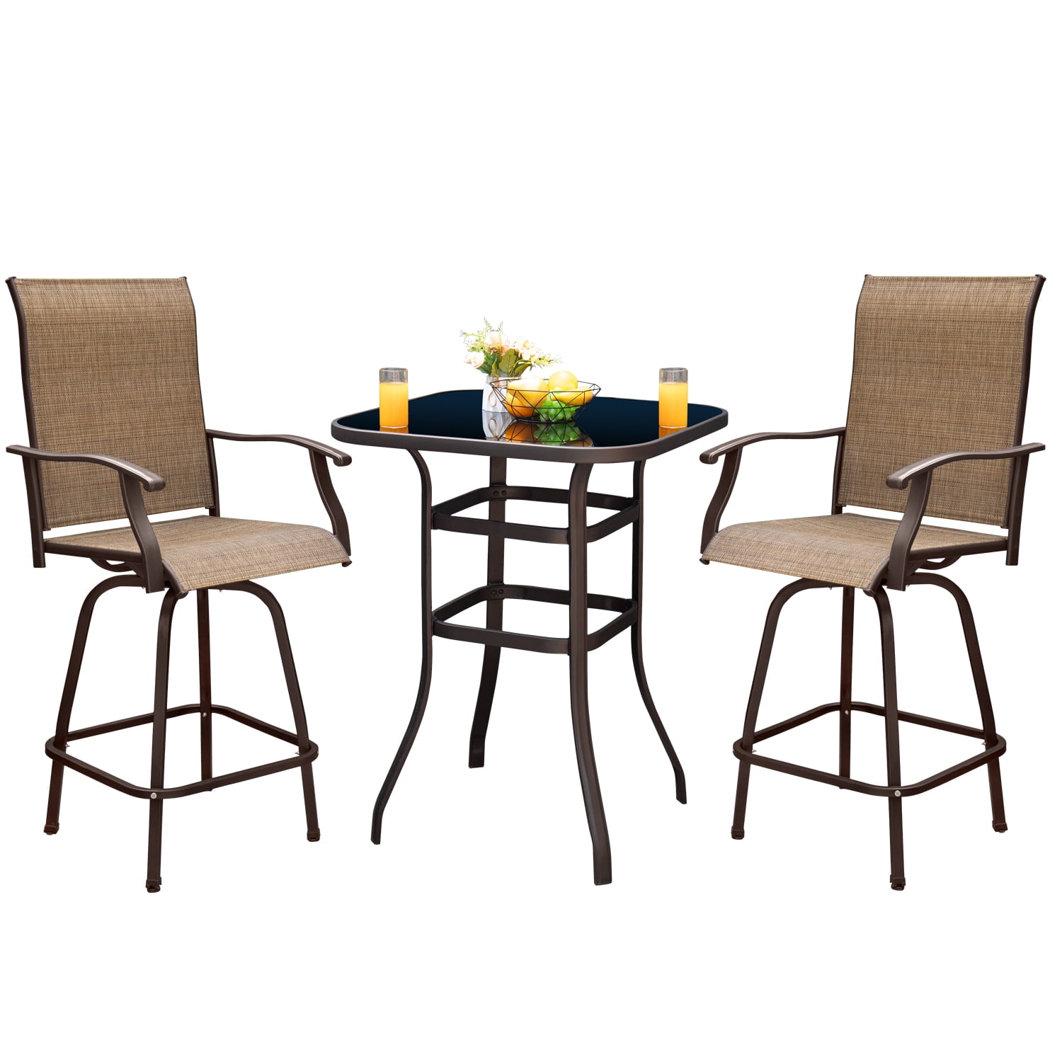 Vineego 3PCS Textilene Swivel Bar Sets, High Bistro Sets,2 Bar Stools and Bar Table