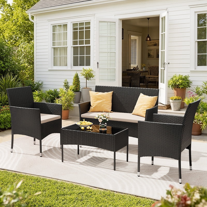 Vineego 4 4PCS Patio Furniture Set Outdoor Conversation Rattan Chairs with Cushion and Loveseat Glass Table for Garden Backyard Porch, Black/ Beige