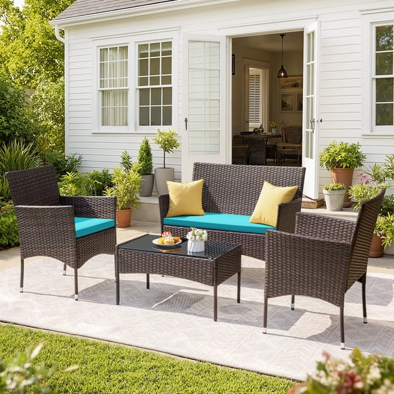 Vineego 4PCS Patio Furniture Set Outdoor Conversation Rattan Chairs with Cushion and Loveseat Glass Table for Garden Backyard Porch, Brown/ Blue