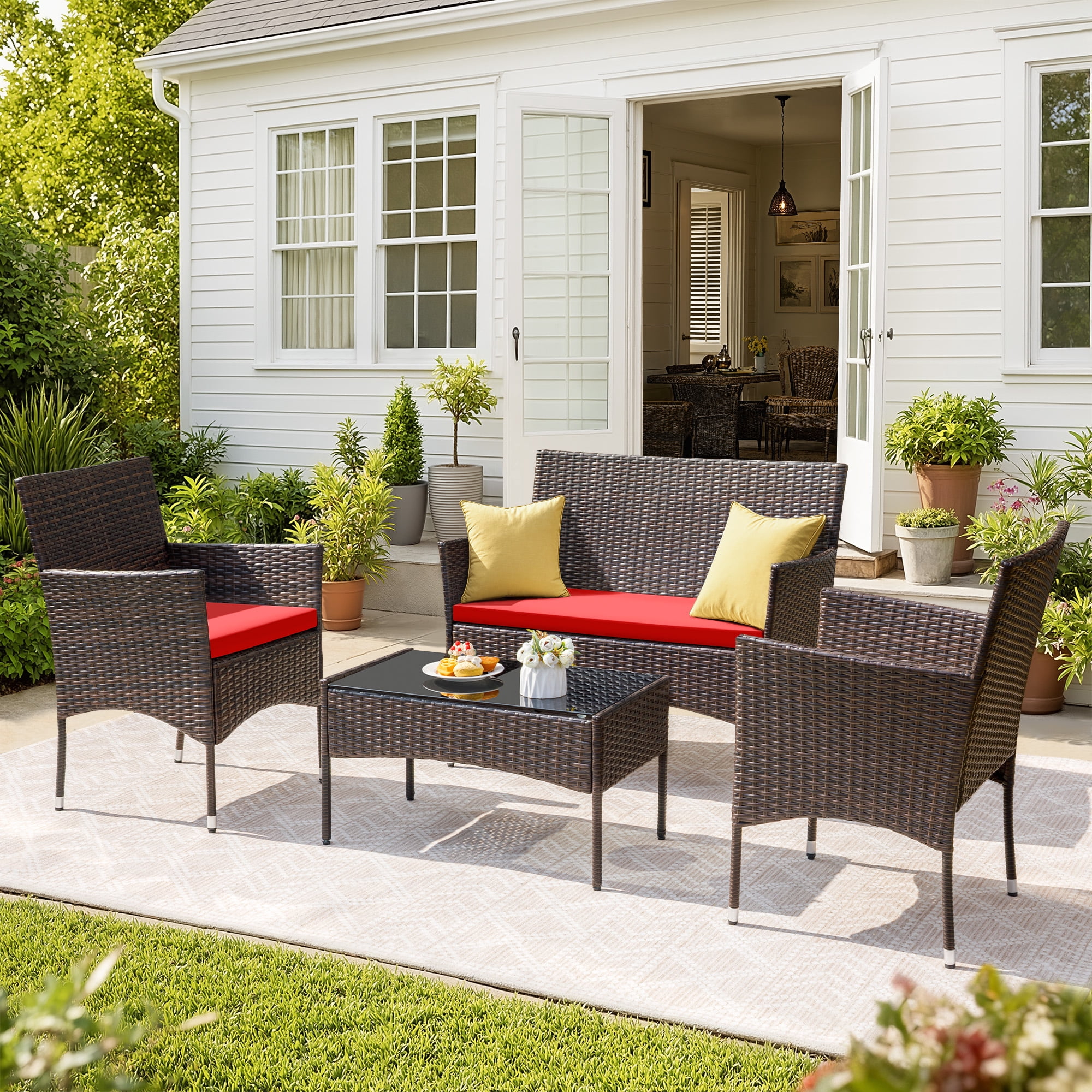 Vineego 4 4PCS Patio Furniture Set Outdoor Conversation Rattan Chairs with Cushion and Loveseat Glass Table for Garden Backyard Porch, Brown/ Red