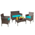 thumbnail image 1 of Vineego 4 Pieces Outdoor Patio Furniture Sets Conversation Sets Rattan Chair Wicker Sets with Cushioned Tempered Glass, Blue, 1 of 7