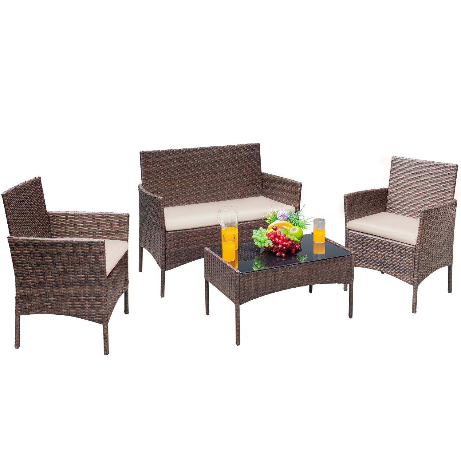 Vineego 4-Piece Outdoor Patio Set, Rattan Wicker C