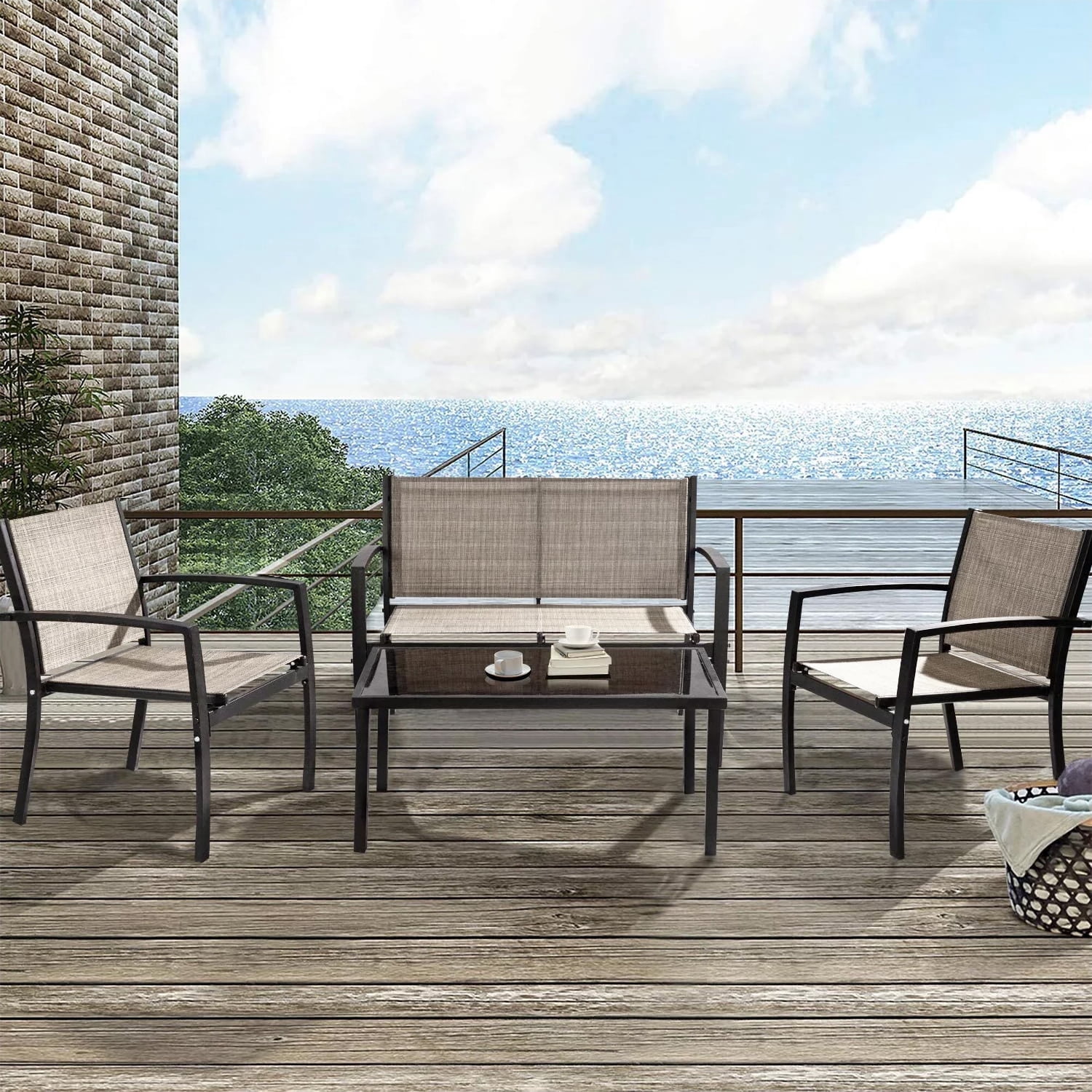 Devoko 4 Pieces Patio Furniture Outdoor furniture Modern Conversation Set Black Bistro Set, Beige, Steel