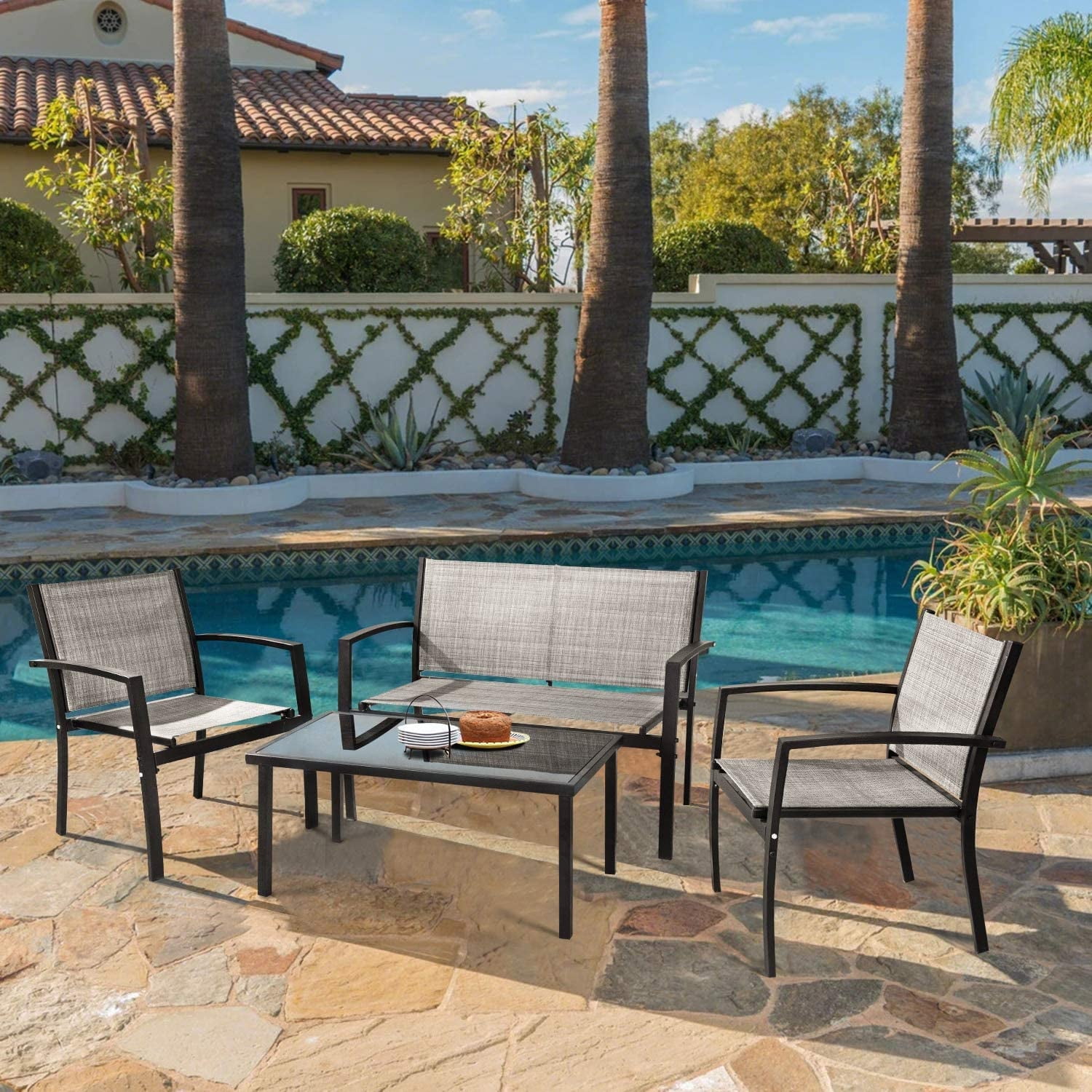 Devoko 4‑Piece Patio Bistro Set – Textilene Outdoor Conversation Set with Loveseat and Tea Table, Gray