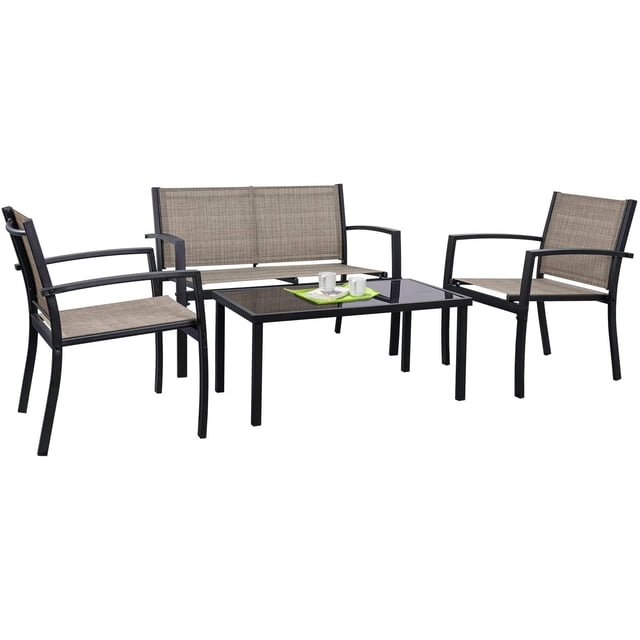 Vineego 4 Pieces Textilene Bistro Set Modern Conversation Set Black Bistro Set, Brown, Steel