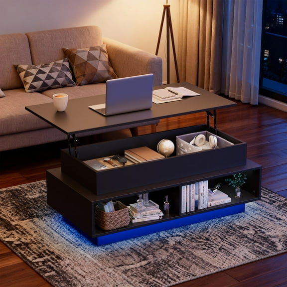 Vineego 40 Inch Modern Coffee Table with LED Lights, Lift Top and 4 Open Storage Shelves for Living Room,Black