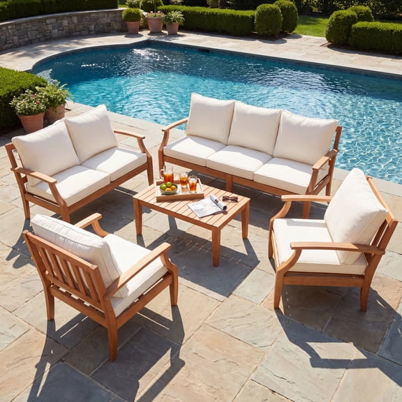Vineego 5-Piece Patio Conversation Set, Eucalyptus Wood Outdoor Sectional Sofa with 4" Thick Cushions, Patio Furniture for Backyard, Deck, Balcony & Porch