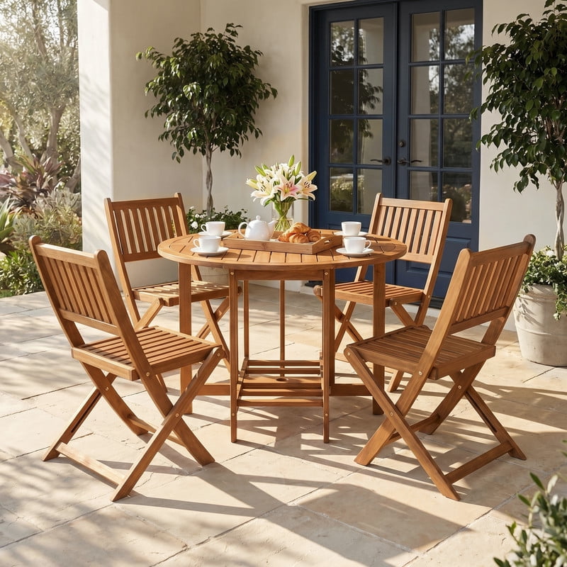 Vineego 5 Pieces Folding Patio Dining Set, Acacia Wood Round Table with 4 Chairs, Outdoor Furniture with Umbrella Hole for Deck, Garden