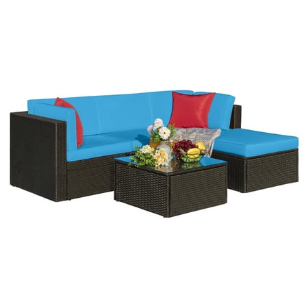 Vineego 5 Pieces Outdoor Patio Furniture Sets Wicker Sectional Sofa PE Rattan Conversation Sets, Blue