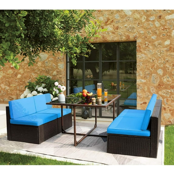 Vineego 5 Pieces Patio Dining Sets Outdoor Conversation Sets Wicker Patio Sectional Sofa with Tempered Glass Table(Blue)