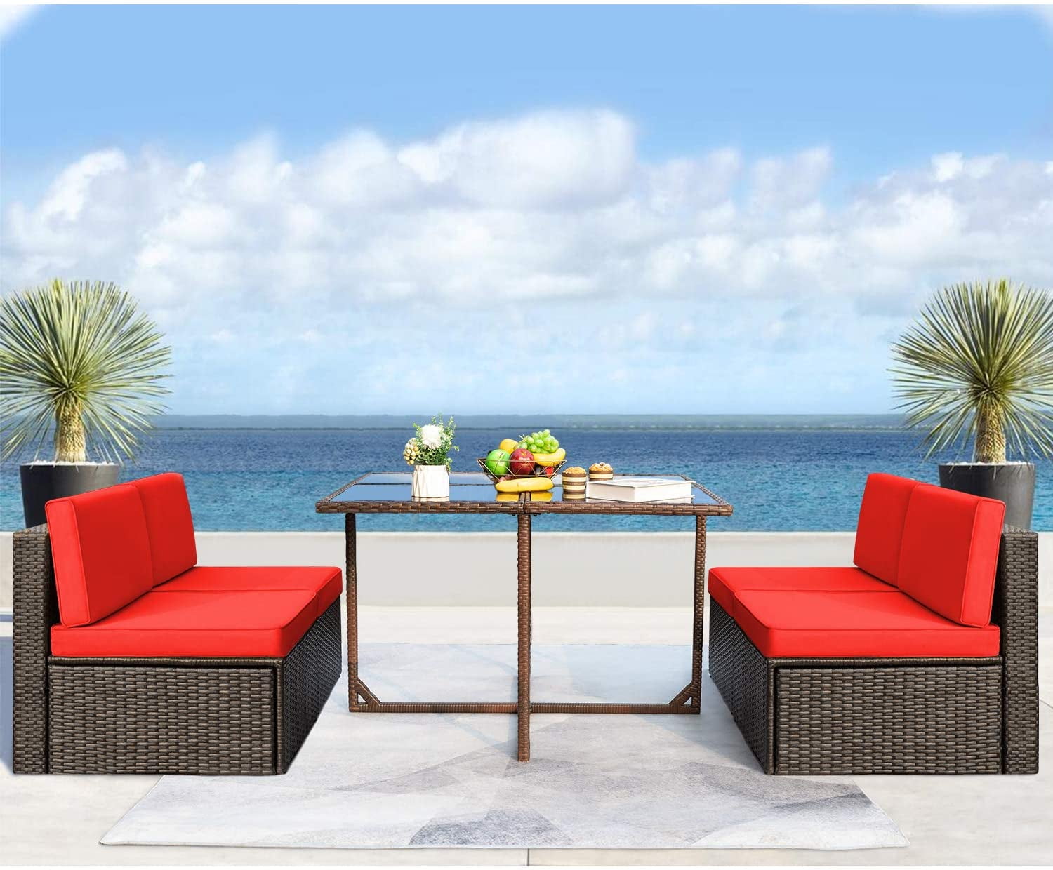 Vineego 5 Pieces Patio Dining Sets Outdoor Conversation Sets Wicker Patio Sectional Sofa with Tempered Glass Table(Red)