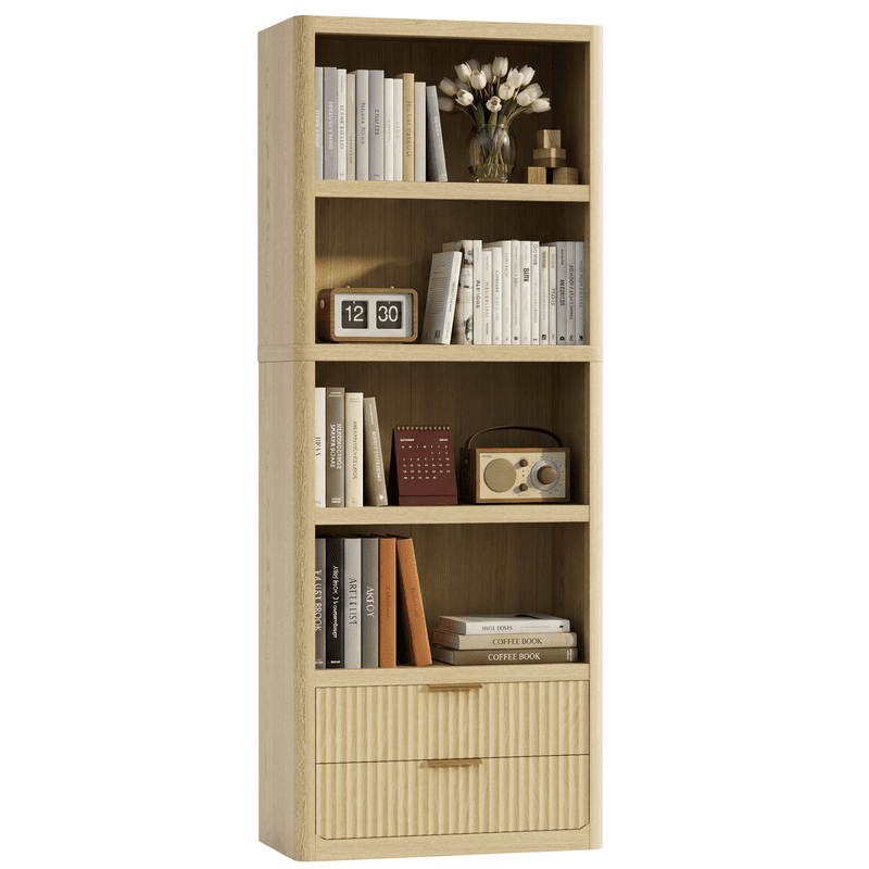 Vineego 5-Tier Tall Bookshelf with 2 Drawers, Modern Open Storage Bookcase, Freestanding Display Shelf for Living Room, Bedroom & Home Office, Light Oak Finish