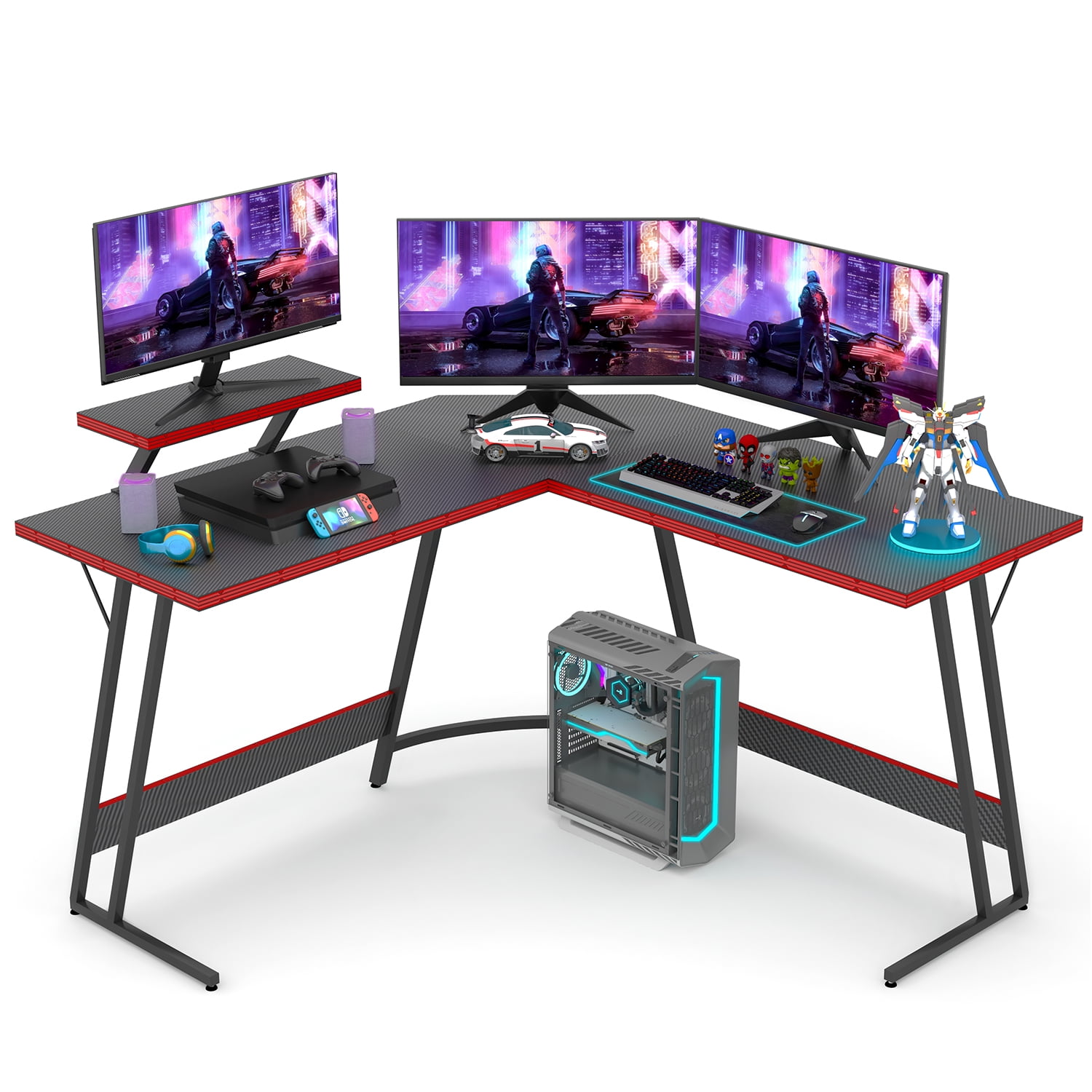 Vineego 51 Inch L-Shaped Gaming Desk Computer Corner Desk PC Gaming Desk  Table with Large Monitor Riser Stand,Black