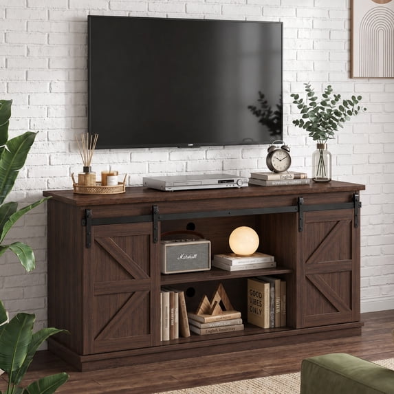 Vineego 58 Inch Farmhouse TV Stand and Entertainment Center for Televisions,with Sliding Barn Doors and Storage Cabinets,Chocolate