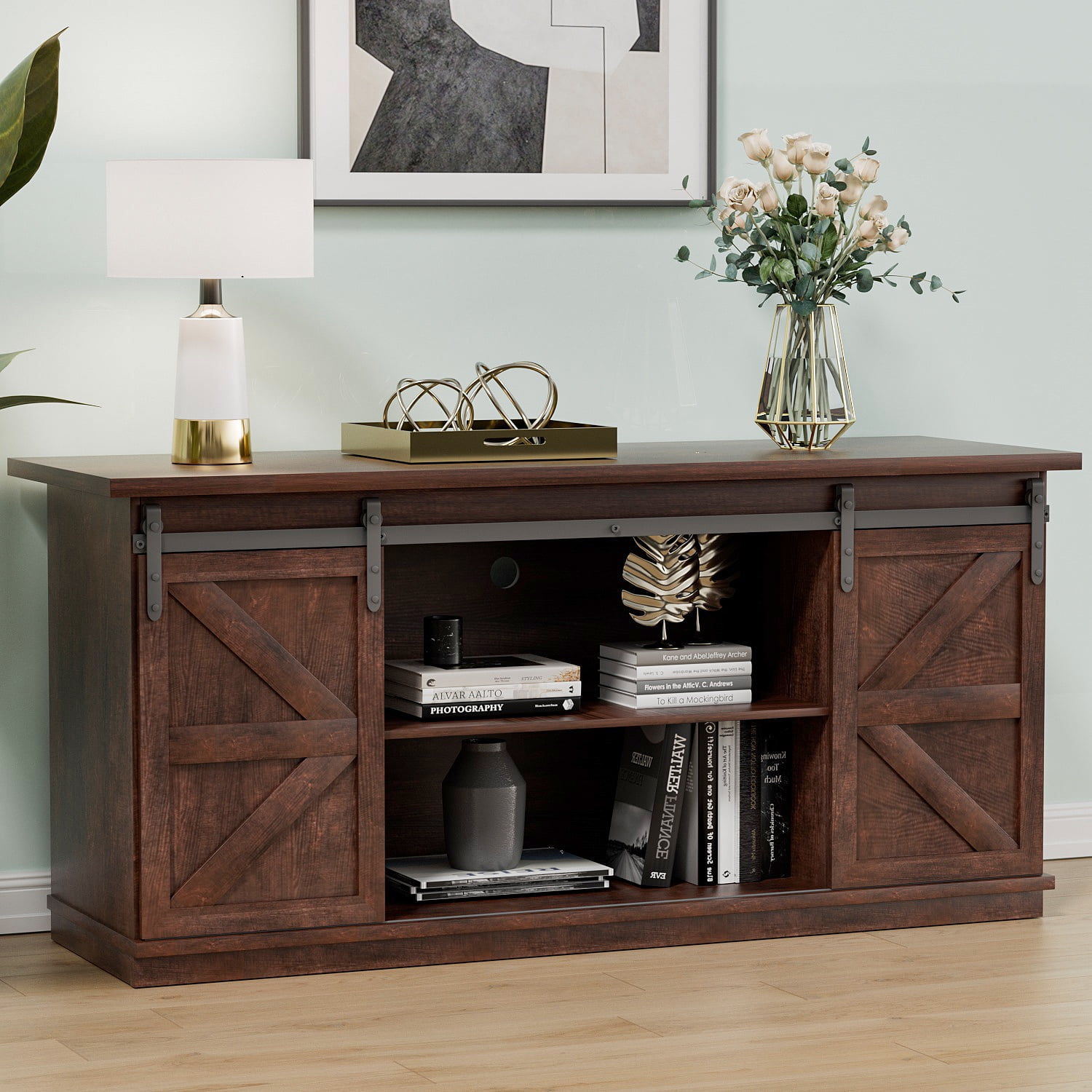 Vineego 58 Inch Farmhouse TV Stand and Entertainment Center for Televisions,with Sliding Barn Doors and Storage Cabinets,Chocolate