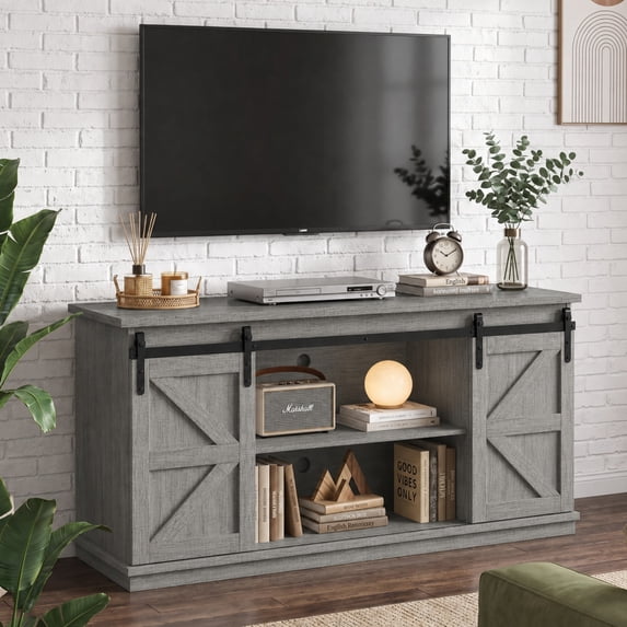 Vineego 58 Inch Farmhouse TV Stand and Entertainment Center for Televisions,with Sliding Barn Doors and Storage Cabinets,Gray