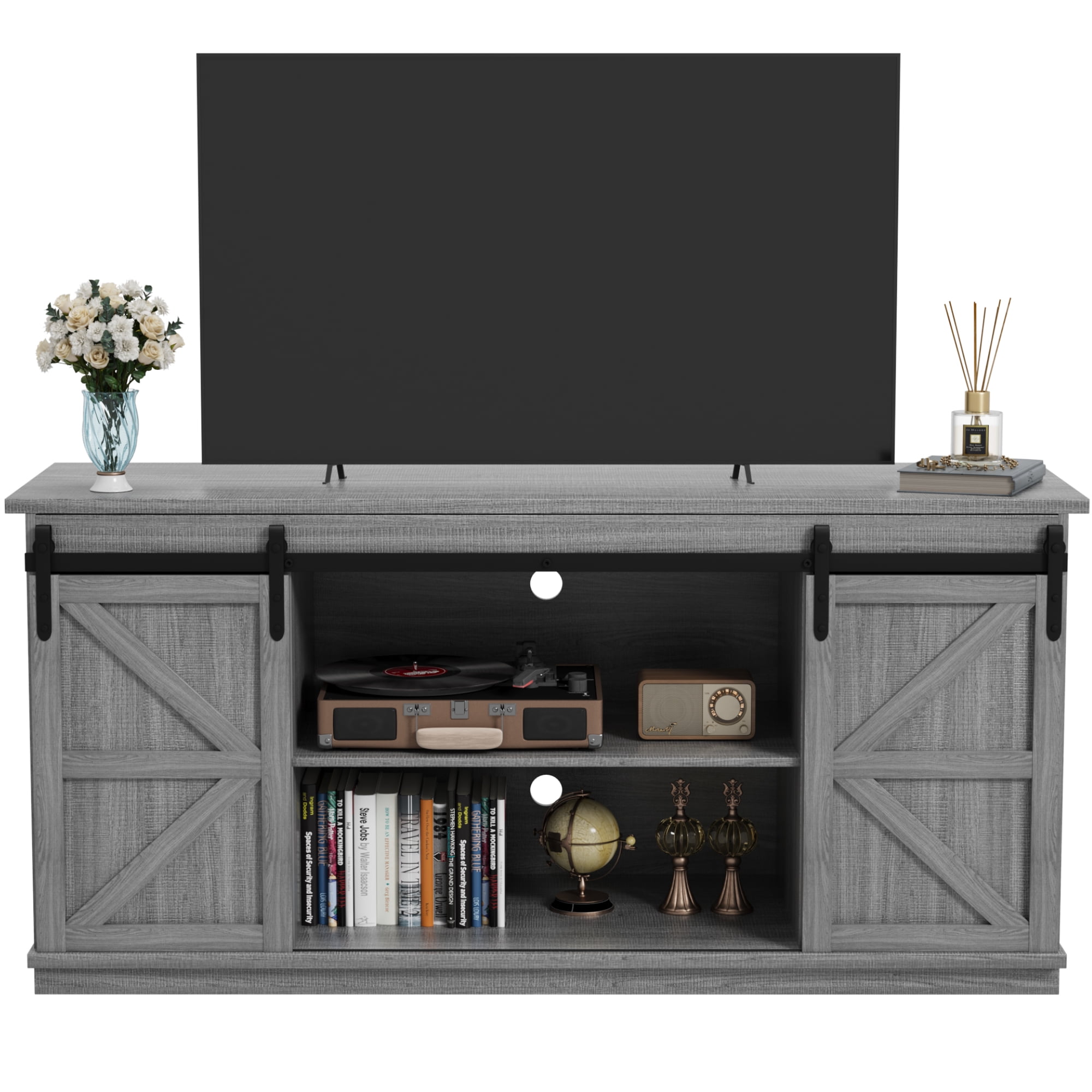 Vineego 58 inch Farmhouse TV Stand and Entertainment Center for Televisions,with Sliding Barn Doors and Storage Cabinets,Gray