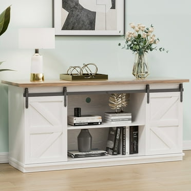 Vineego 58 Inch Farmhouse TV Stand and Entertainment Center for Televisions,with Sliding Barn Doors and Storage Cabinets,Milk White