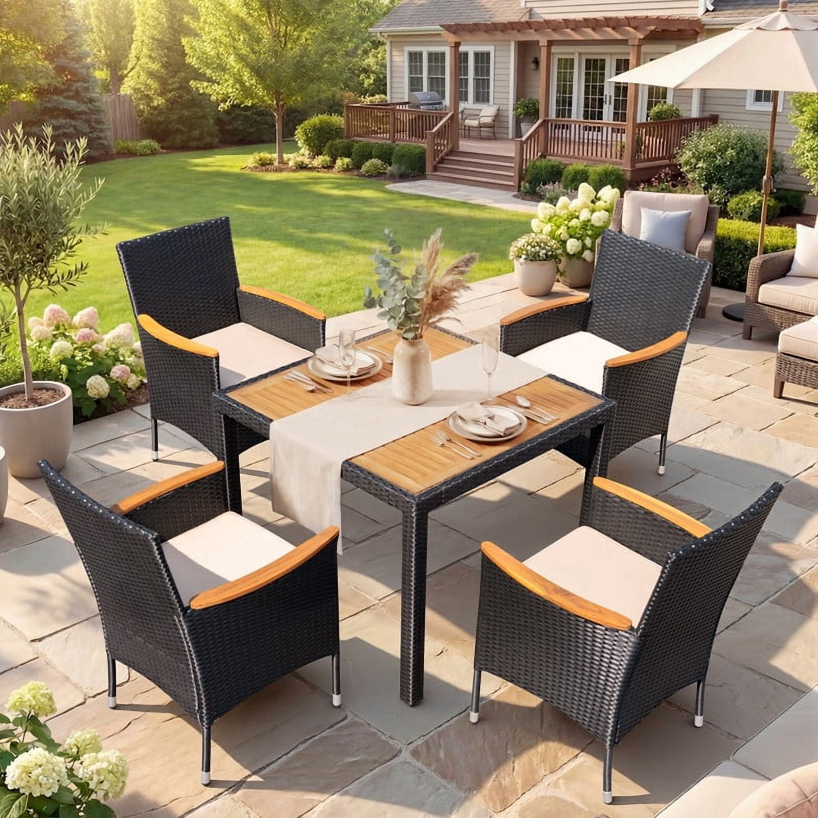 Vineego 5PCS Rattan Outdoor Furniture Set, Acacia Wood Curved Armrest Patio Dining Set with Cushions,Black