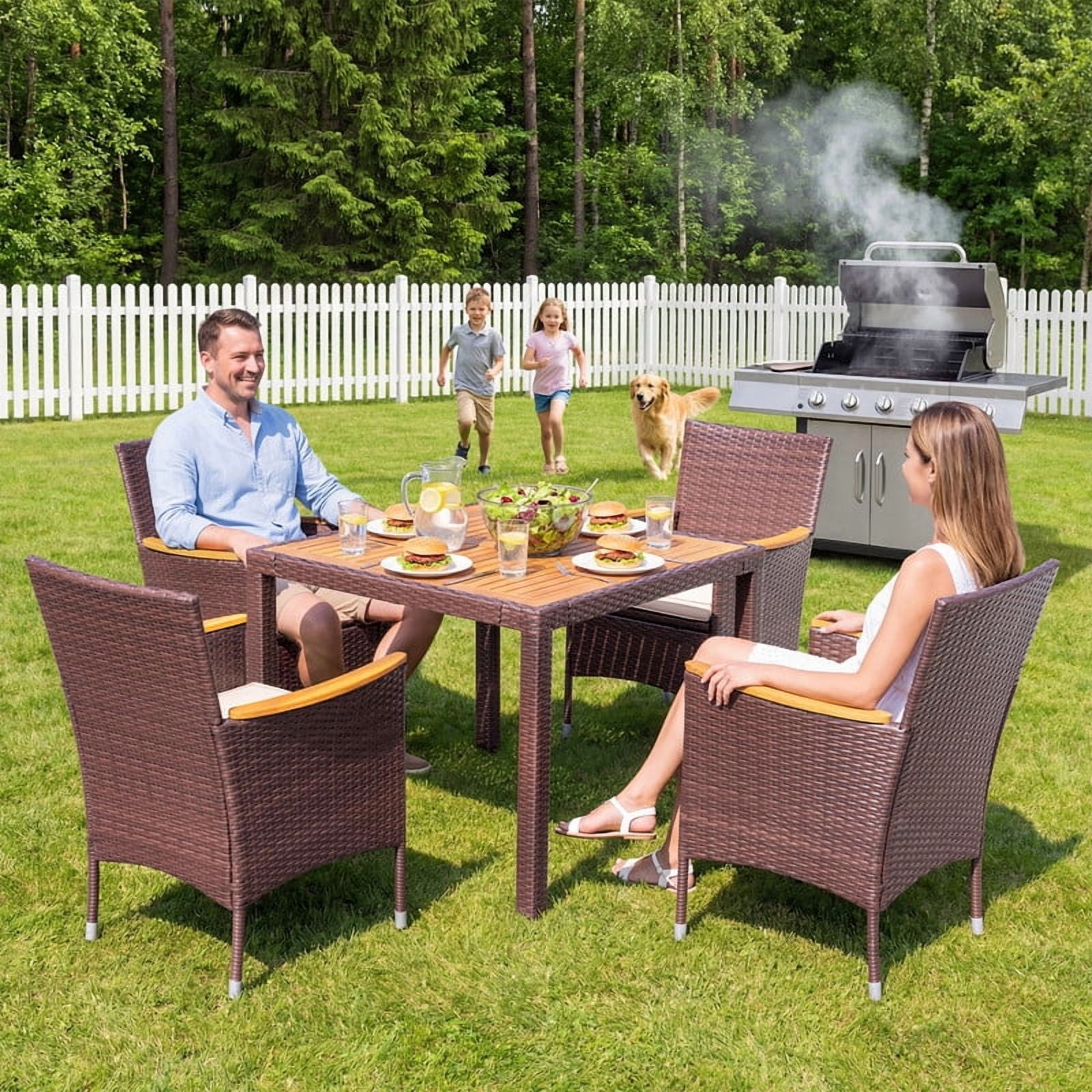 Vineego 5PCS Rattan Outdoor Furniture Set, Acacia Wood Curved Armrest Patio Dining Set with Cushions,Brown