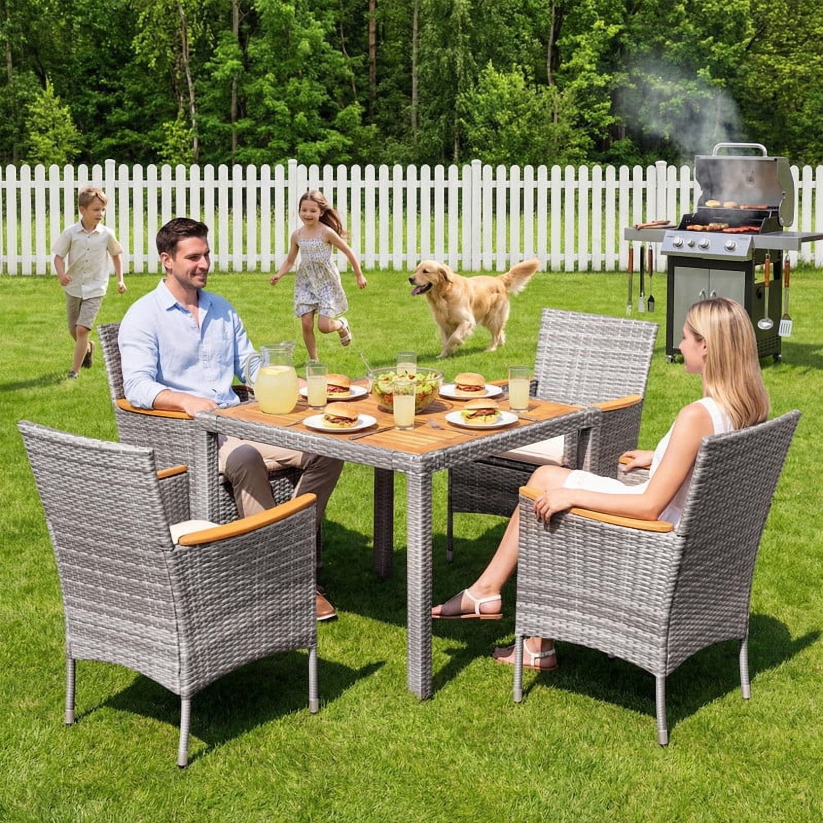 Vineego 5PCS Rattan Outdoor Furniture Set, Acacia Wood Curved Armrest Patio Dining Set with Cushions,Gray