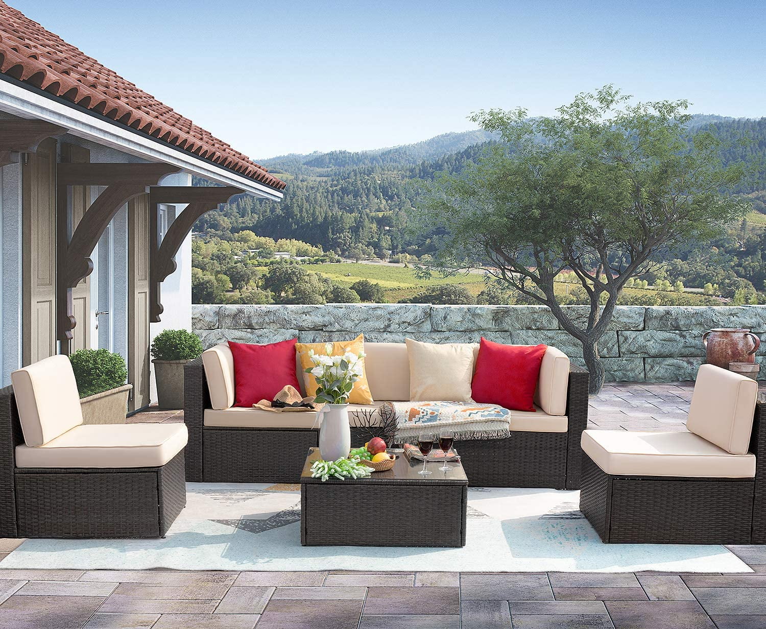 Vineego 6 Pieces Outdoor Patio Furniture Sets Wicker Sectional Sofa PE Rattan Conversation Sets with Cushions, Beige