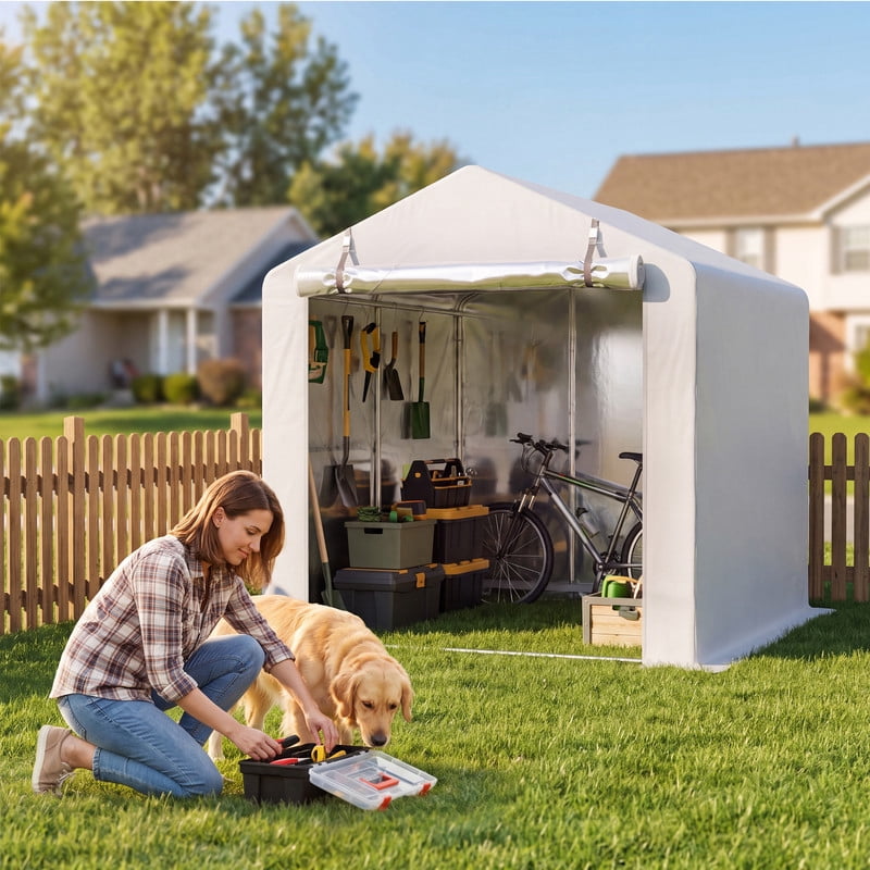 Vineego 6x8 Ft Outdoor Bike Storage Shelter, Waterproof UV Resistant Garage Tent with Zipper Roll-Up Door, Galvanized Rustproof Frame, White