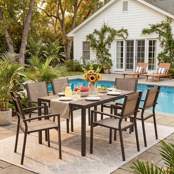 Vineego 7-Piece Outdoor Dining Set for 6, Easy-to-Store Textilene Patio Chairs Rectangular Metal Table for Backyard, Garden, Brown