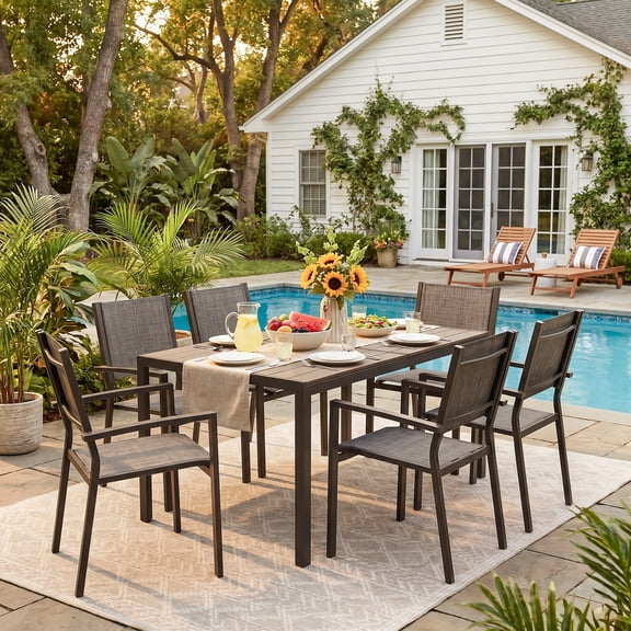 Vineego 7-Piece Outdoor Dining Set for 6, Easy-to-Store Textilene Patio Chairs Rectangular Metal Table for Backyard Garden, Gray