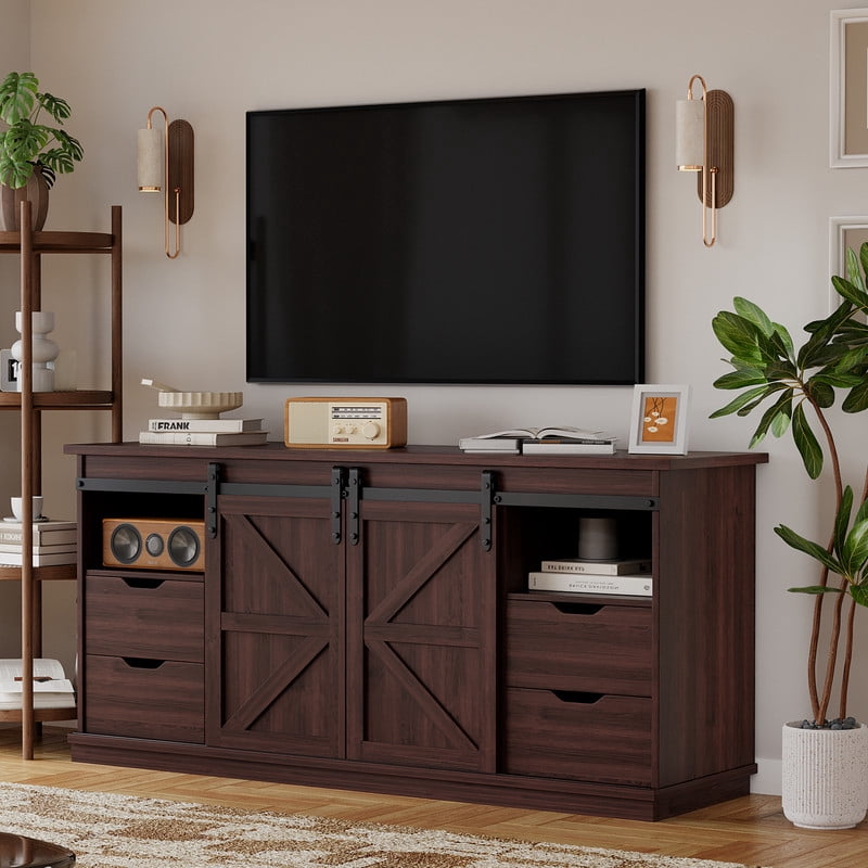 Vineego 70 inch Farmhouse TV Stand for Living Room, Entertainment Center with Sliding Barn Doors & 4 Storage Drawers, Adjustable Shelves Rustic Media Console for Bedroom,Brown