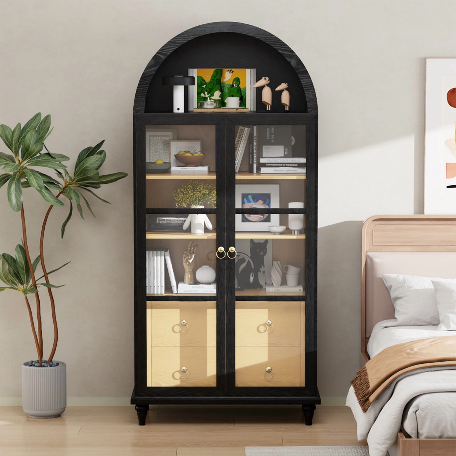 Vineego 71'' Display Cabinet with 2 Drawers and 3 Shelves, Modern Pantry Storage Cabinet with Aarch Design for Living Room Kitchen, Black