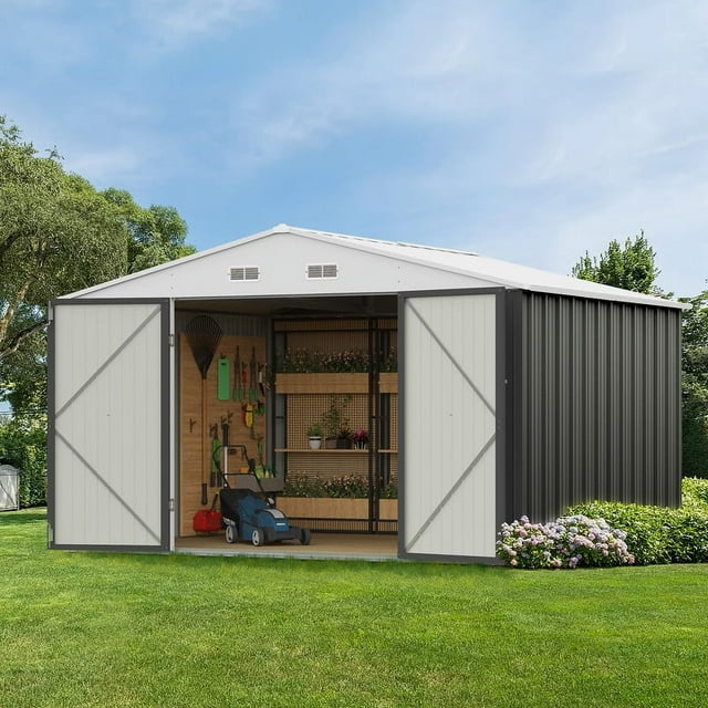Vineego 8x10 FT Outdoor Storage Shed, Outside Sheds & Outdoor Storage Metal Galvanized Steel,Gray