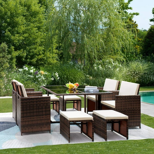 Vineego 9 Pieces Patio Dining Sets Outdoor Furniture Patio Wicker Rattan Chairs and Tempered Glass Table Sectional Set Conversation Set Cushioned with Ottoman Brown Walmart Business Supplies