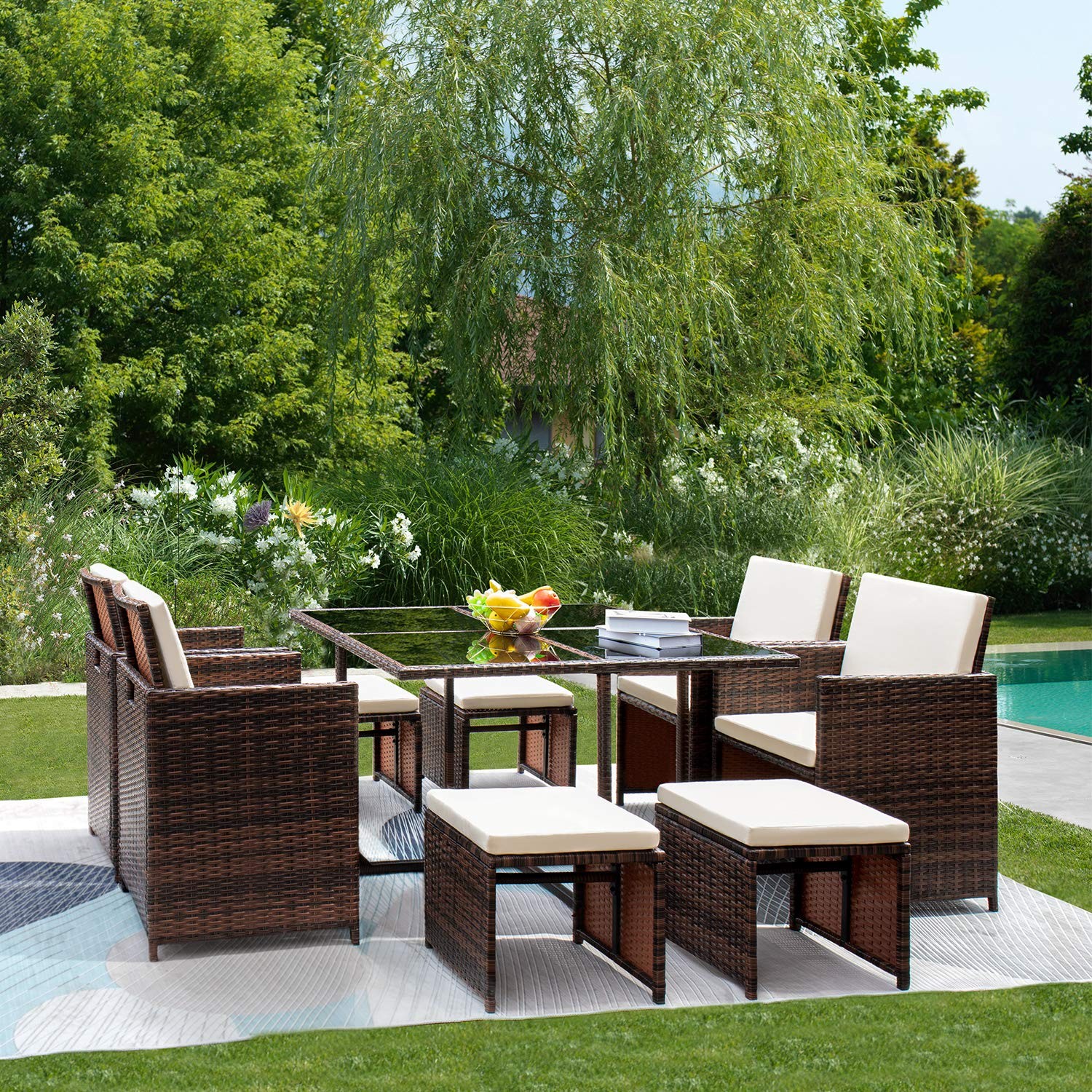 Vineego 9 Pieces Patio Dining Sets Outdoor Furniture Patio Wicker Rattan Chairs and Tempered Glass Table Sectional Set Conversation Set Cushioned with Ottoman (Brown) - image 1 of 2