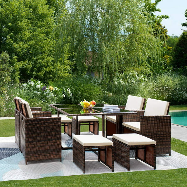 Vineego 9 Pieces Patio Dining Sets Outdoor Furniture Patio Wicker Rattan Chairs and Tempered Glass Table Sectional Set Conversation Set Cushioned with Ottoman (Brown)