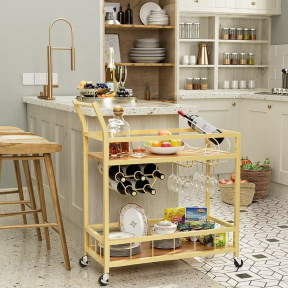 Vineego Bar Cart Home Industrial Mobile Bar Cart Serving Wine Cart on Wheels with Wine Rack and Glass Holder 2 Wood Storage Shelves for Living Room, Kitchen, Party (Gold)