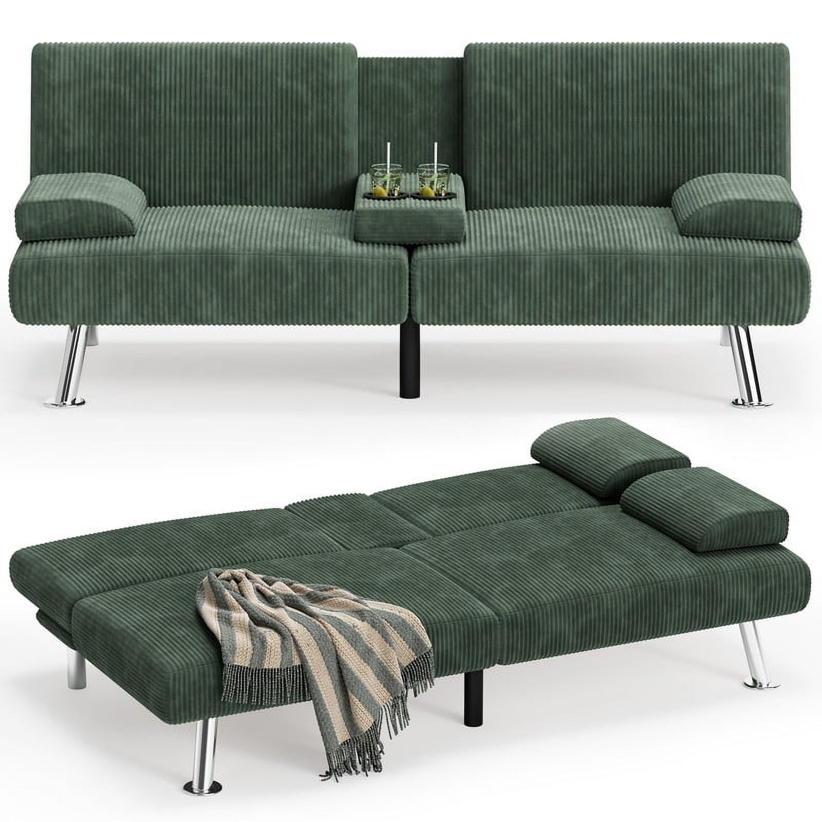Vineego Convertible Corduroy Futon Sofa Bed with Removable Armrests,Green
