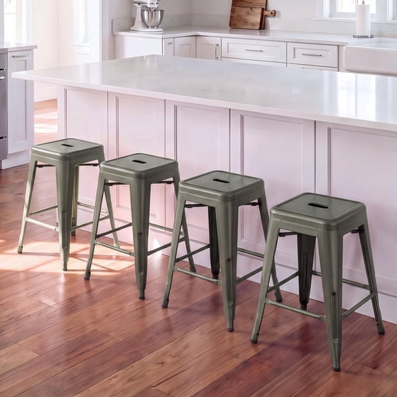 VINEEGO 24 Inch Metal Bar Stools Set of 4, Stackable Backless Counter Height Stools for Kitchen, Bar, Restaurant, Indoor Dining, Scratch Resistant Steel, Gun