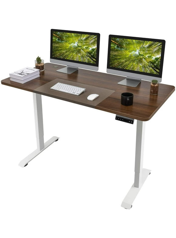 Vineego Electric Standing Desk Height Adjustable Office Desk with 55” x 27.5” Tabletop Home Office Workstation, Walnut Finish