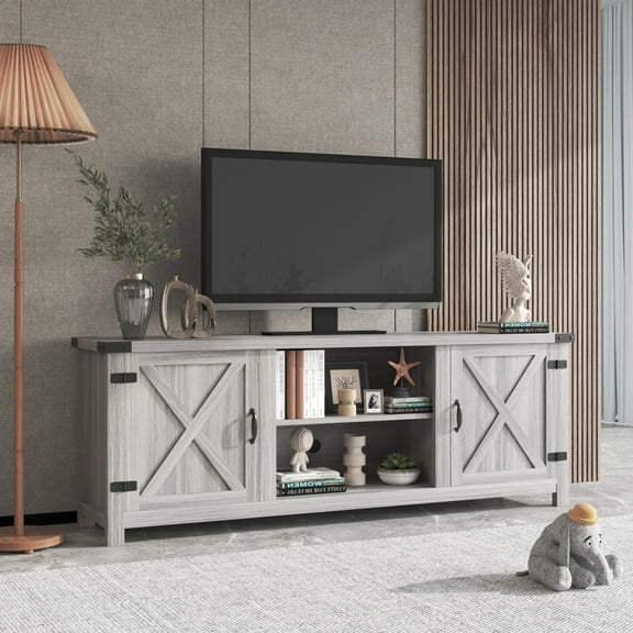 Vineego Farmhouse Barn Two-Door Tv Stand for TVs up to 65",Light Gray